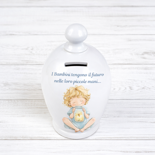 Salvadanaio in ceramica artigianale 15cm decorazione Bimbo con libellula