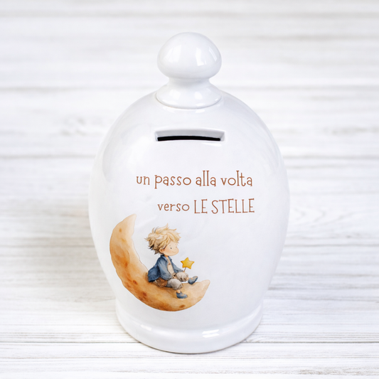 Salvadanaio in ceramica artigianale 15cm decorazione Piccolo Principe "Un passo alla volta verso le stelle"