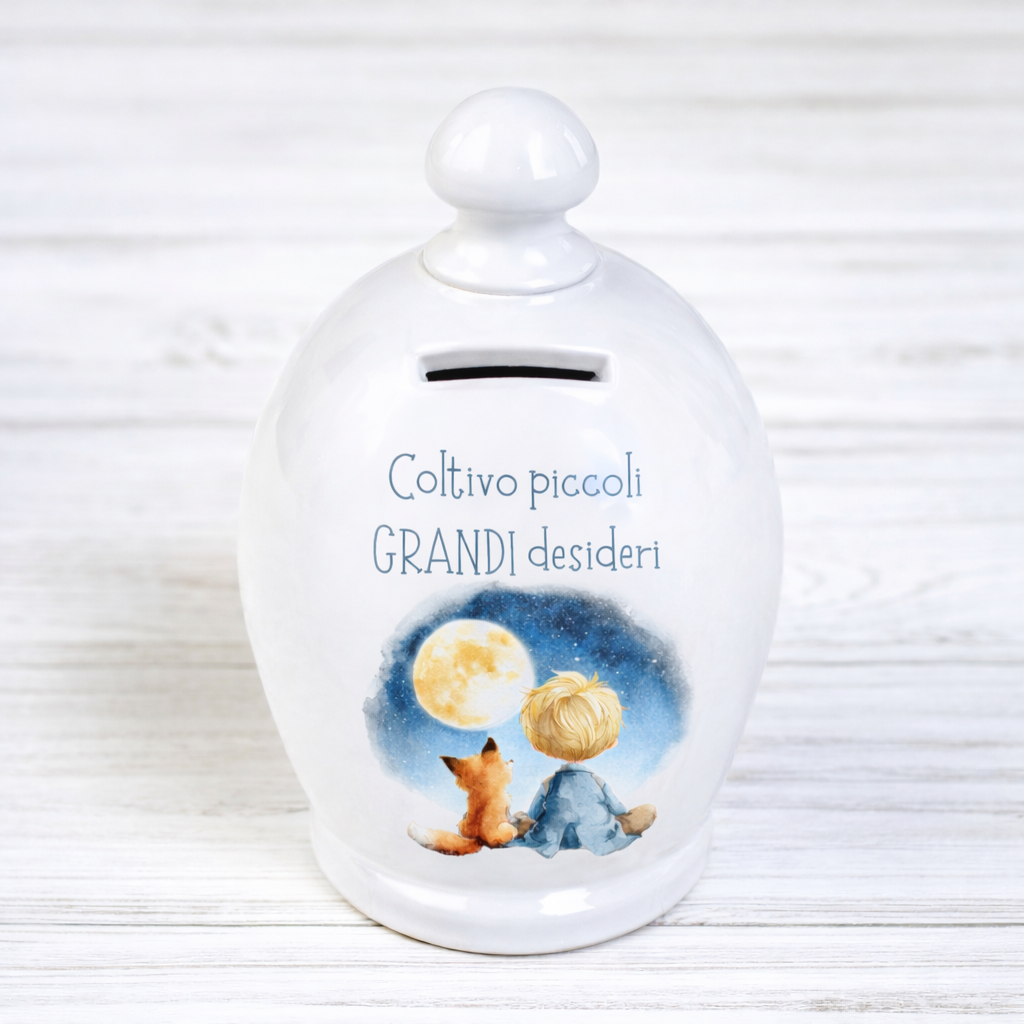 Salvadanaio in ceramica artigianale 15cm decorazione Piccolo Principe "Coltivo piccoli grandi desideri"
