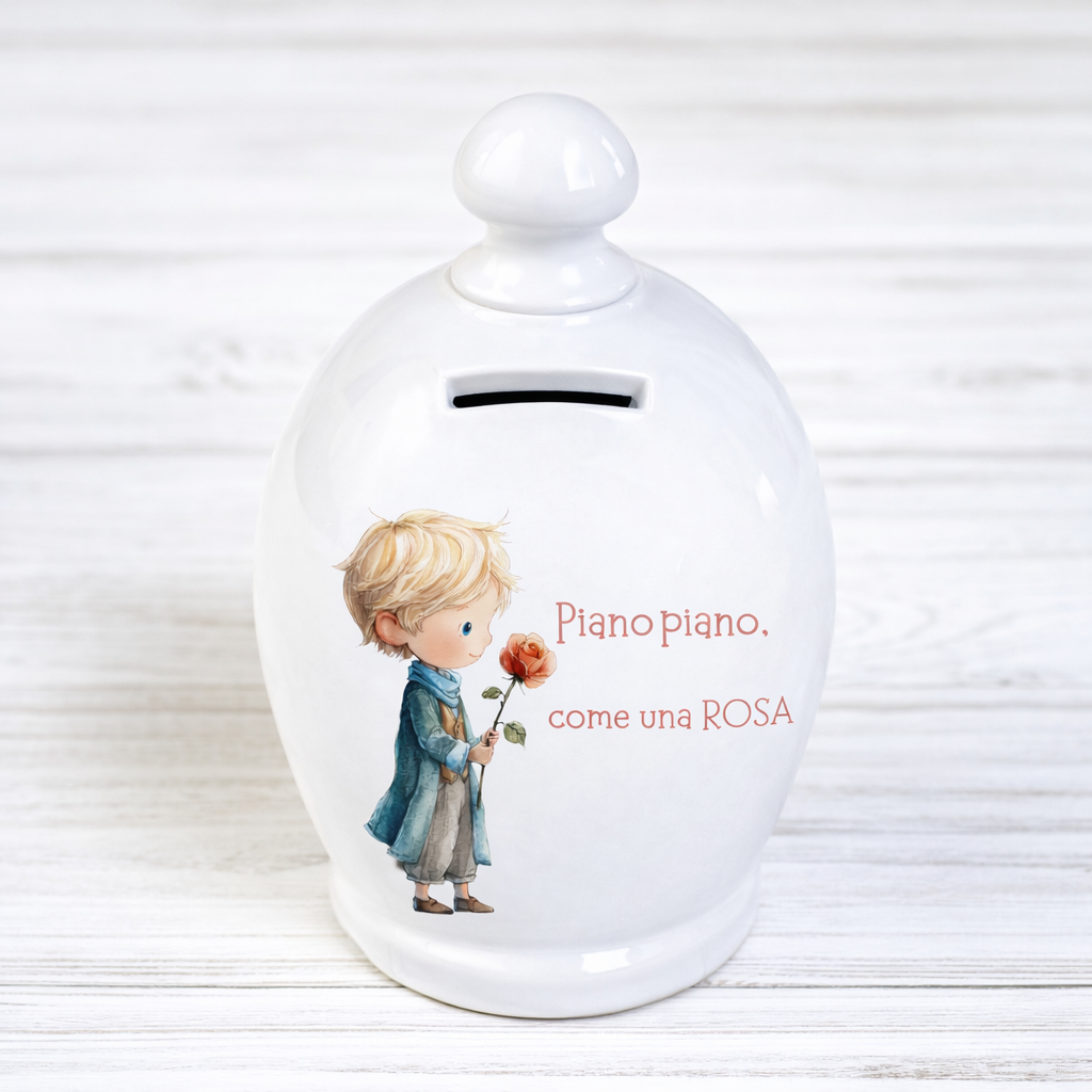 Salvadanaio in ceramica artigianale 15cm decorazione Piccolo Principe "Piano piano come una rosa"
