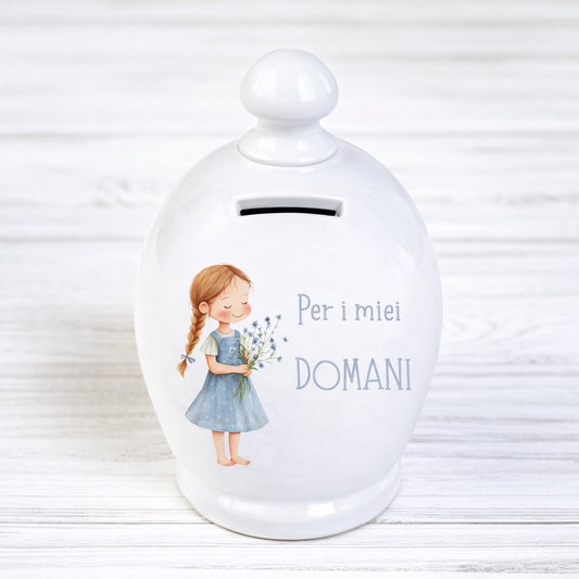 Salvadanaio in ceramica artigianale 15cm decorazione "Per i miei domani"