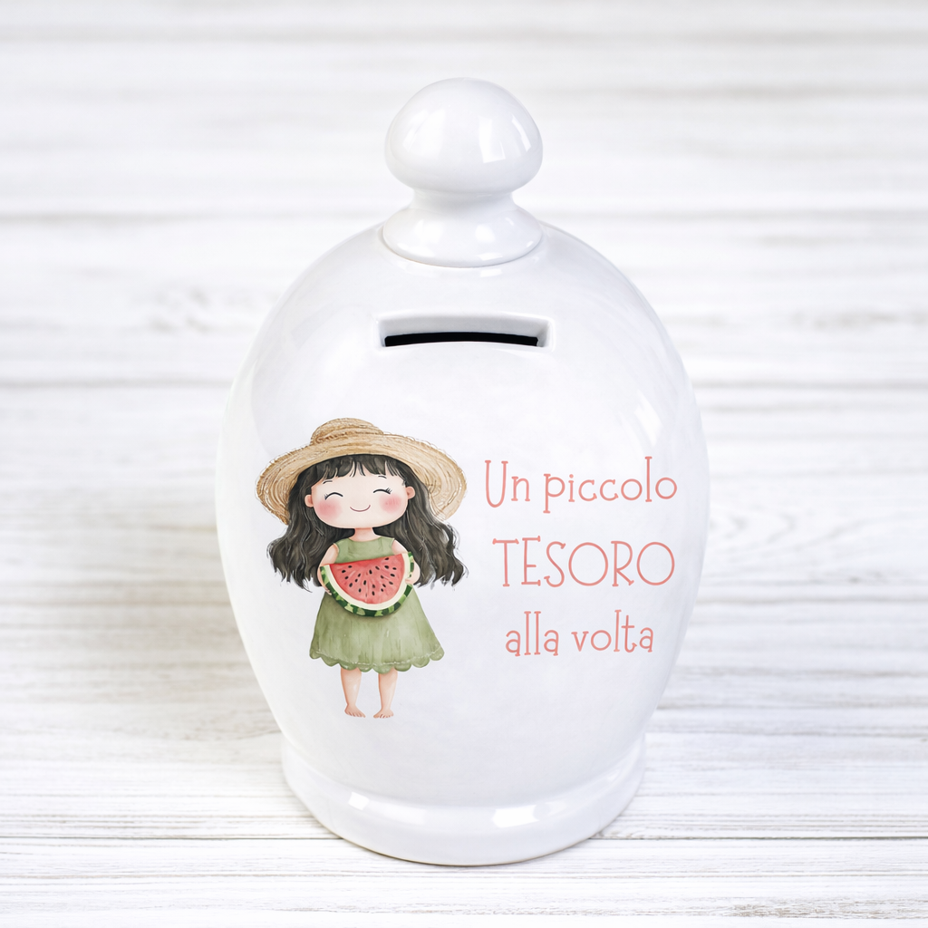 Salvadanaio in ceramica artigianale 15cm decorazione "Un piccolo tesoro alla volta"