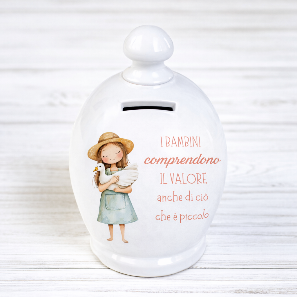 Salvadanaio in ceramica artigianale 15cm decorazione "I bambini comprendono il valore anche di ciò che è piccolo"