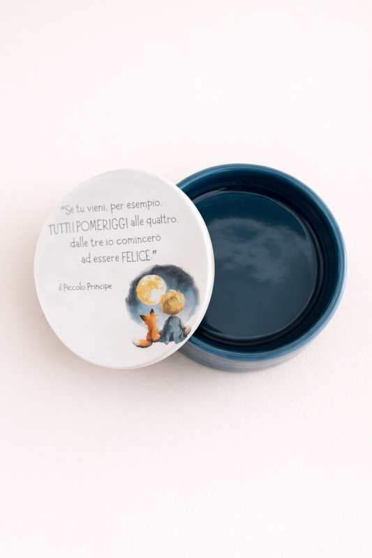 Portagioie in ceramica artigianale 10cm x 4cm decorazione a tema Piccolo Principe "Se tu vieni tutti i pomeriggi alle quattro..."