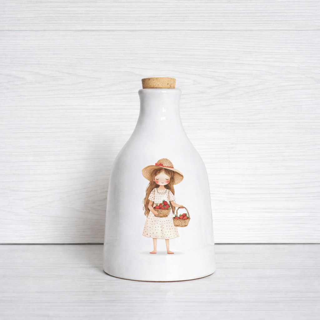 Orcio in ceramica artigianale Bimba con fragole dimensione da 100 ml  / 250 ml decorazione