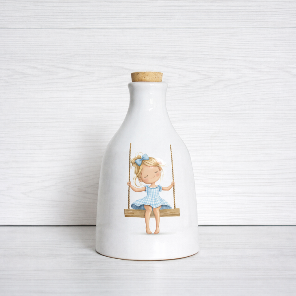 Orcio in ceramica artigianale con Bimba sull'altalena dimensione da 100 ml  / 250 ml decorazione