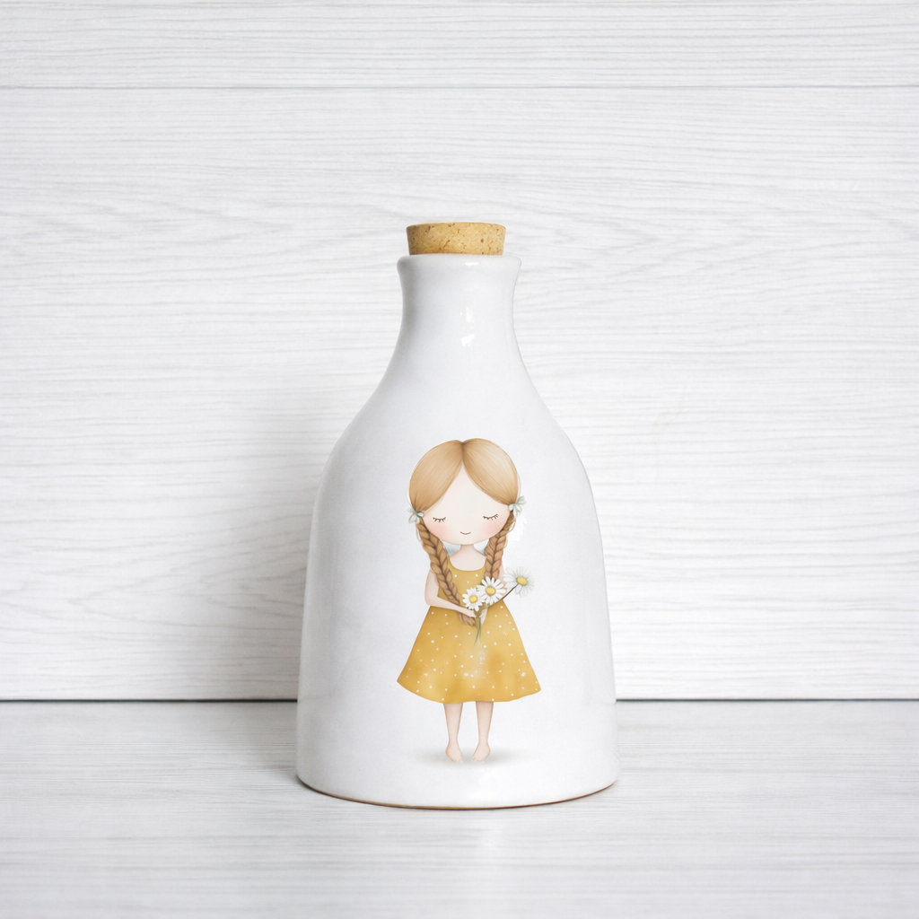 Orcio in ceramica artigianale con Bimba con mazzo di margherite dimensione da 100 ml  / 250 ml decorazione