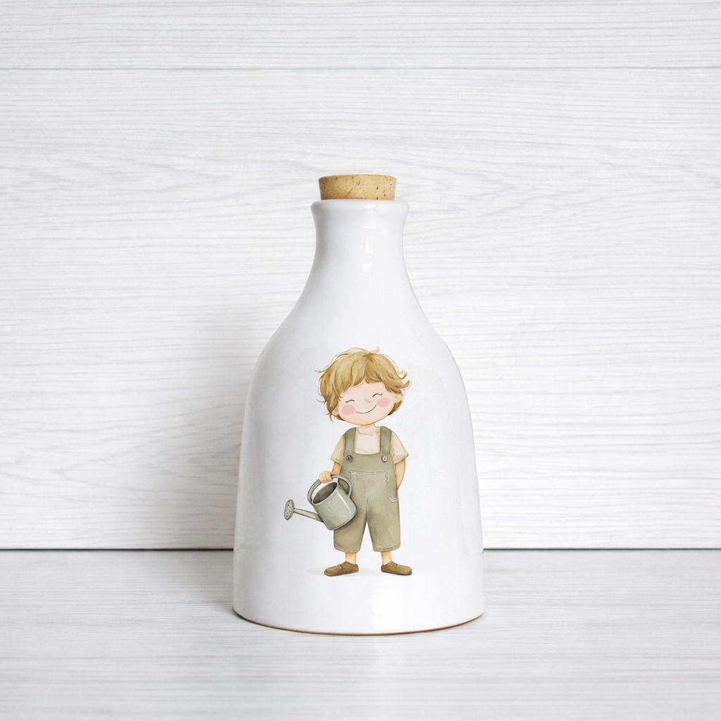 Orcio in ceramica artigianale con Bimbo con annaffiatoio dimensione da 100 ml  / 250 ml decorazione