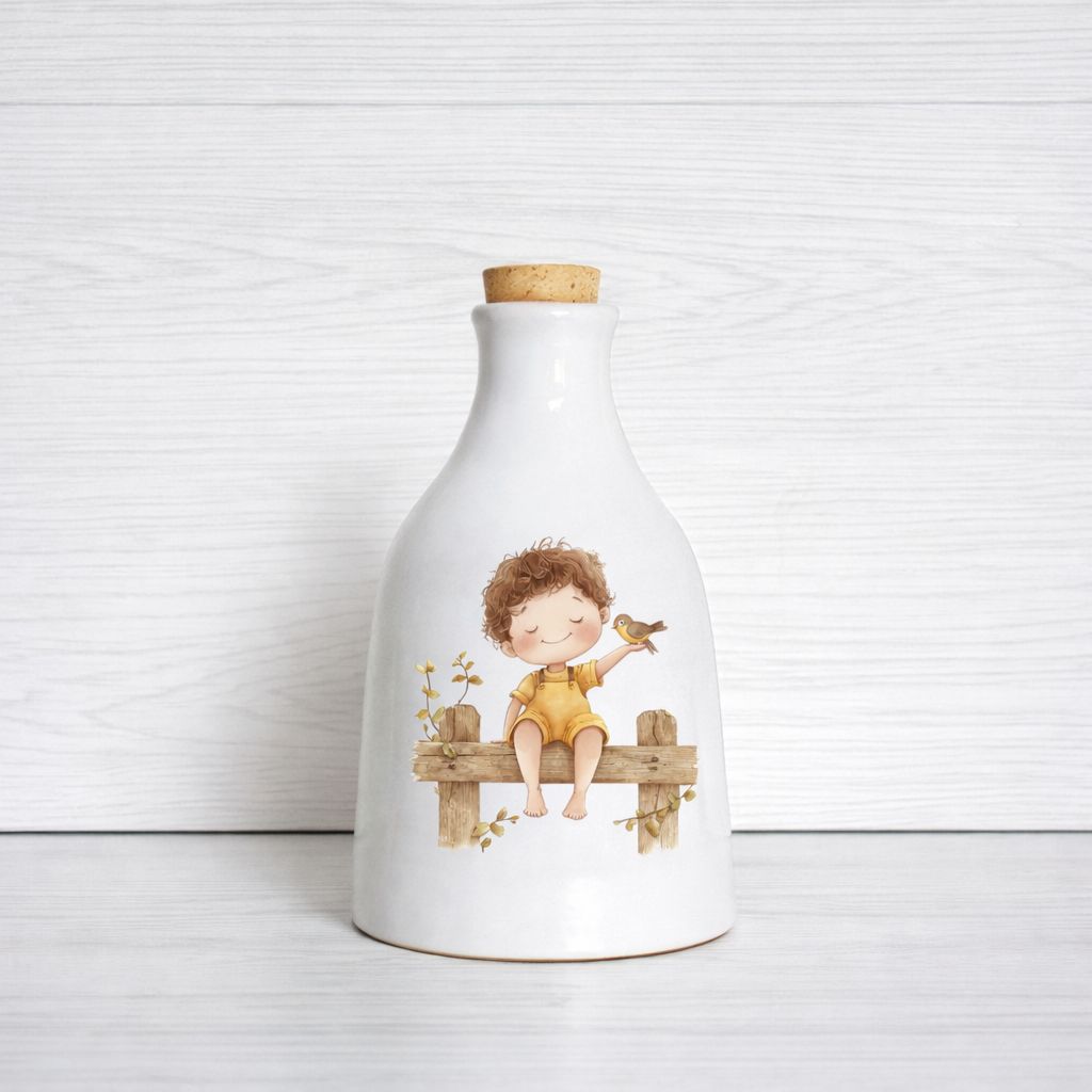 Orcio in ceramica artigianale con Bimbo con uccellino dimensione da 100 ml  / 250 ml decorazione