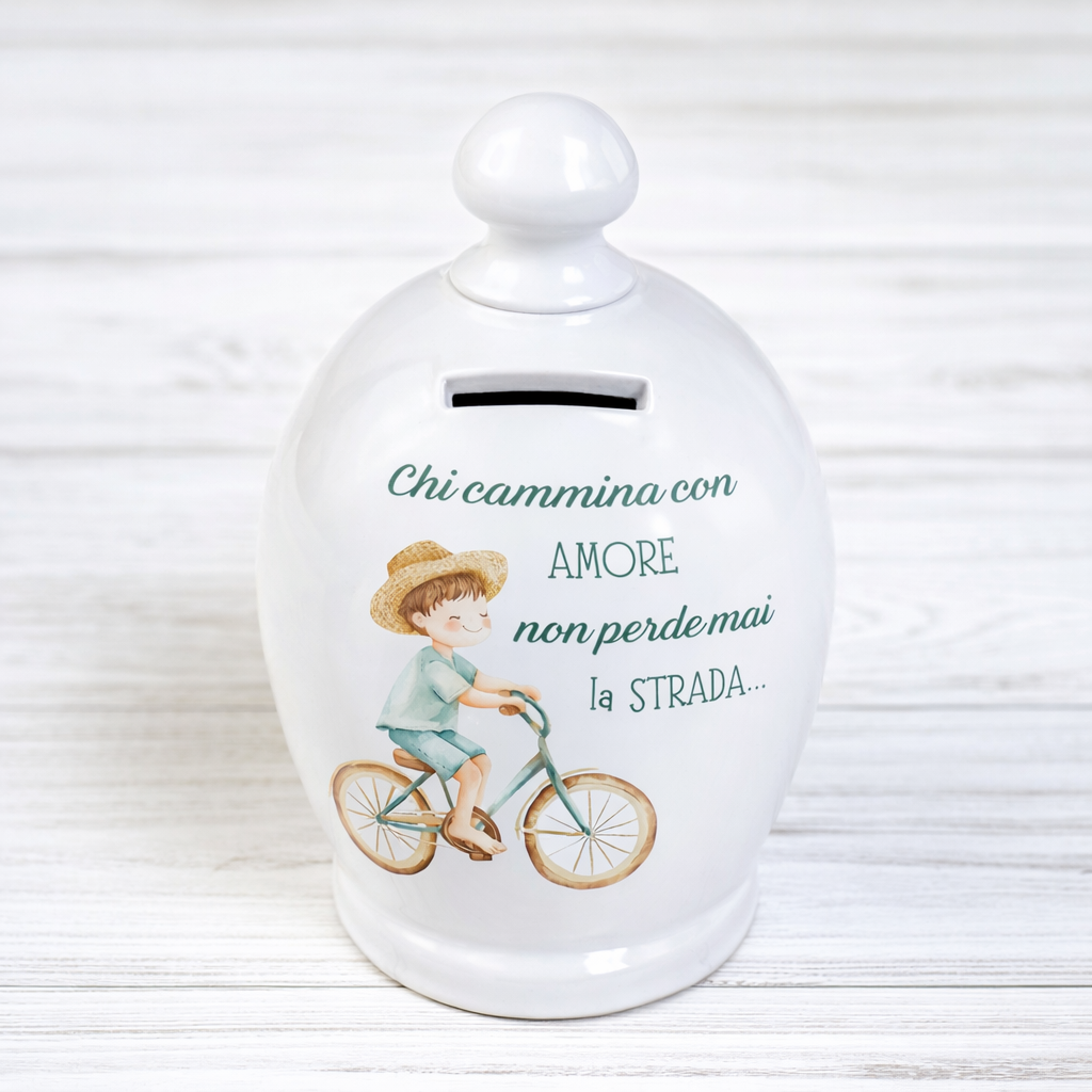 Salvadanaio in ceramica artigianale 15cm decorazione Bimbo con la bici