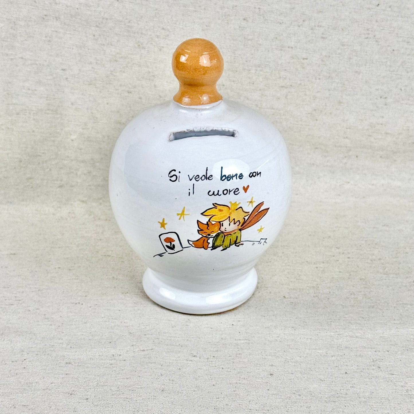 Salvadanaio in ceramica artigianale 15cm decorazione Piccolo Principe con frase
