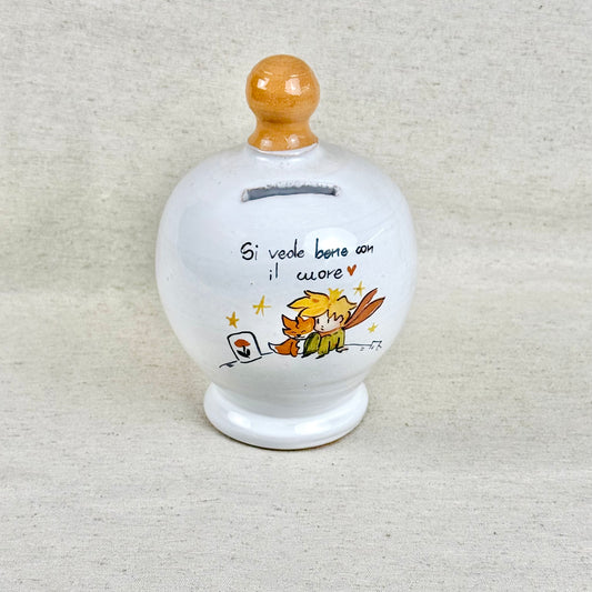 Salvadanaio in ceramica artigianale 15cm decorazione Piccolo Principe con frase